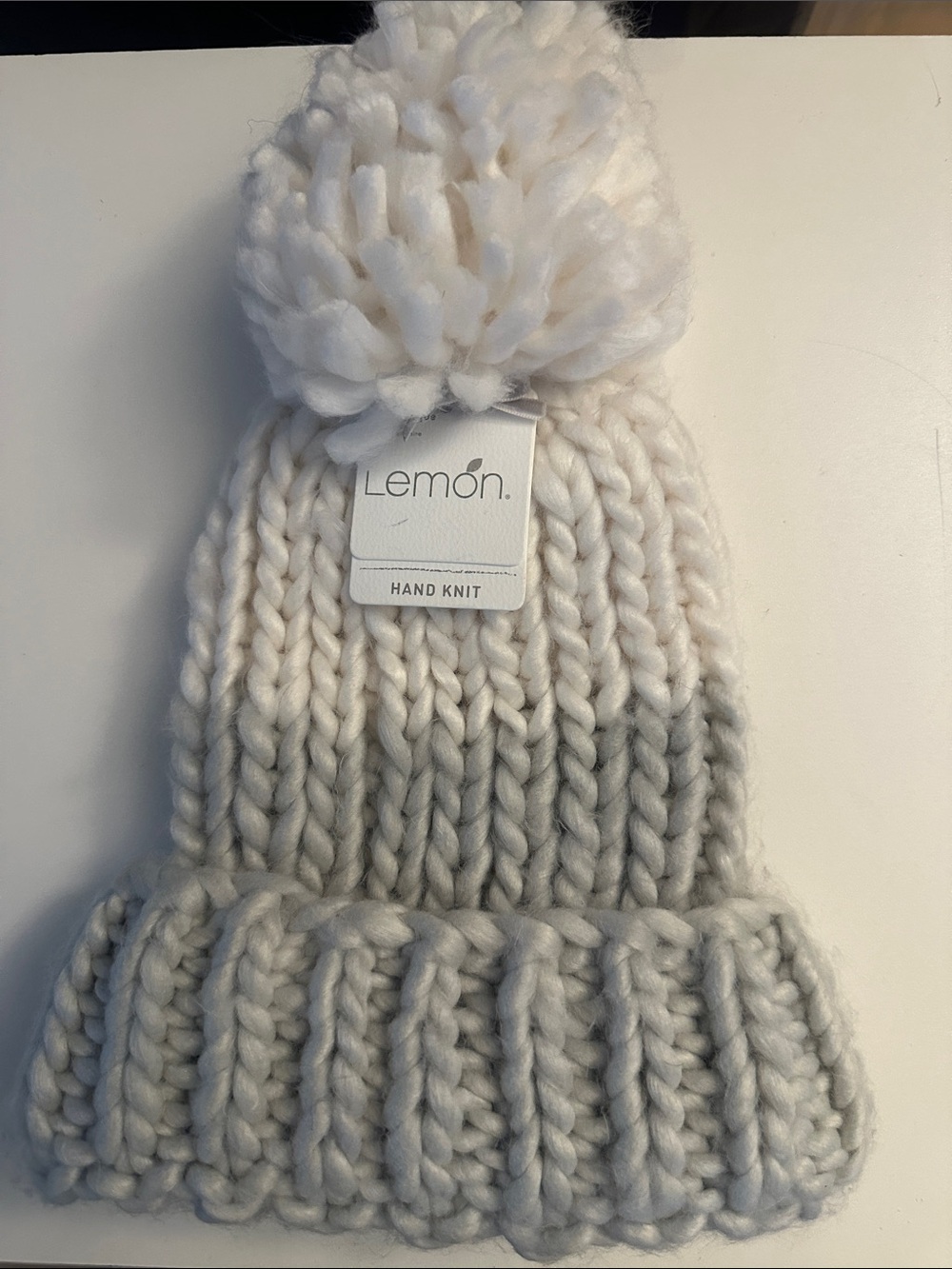 Handknit Lemon Chunky Knit Pompom White & Grey Beanie